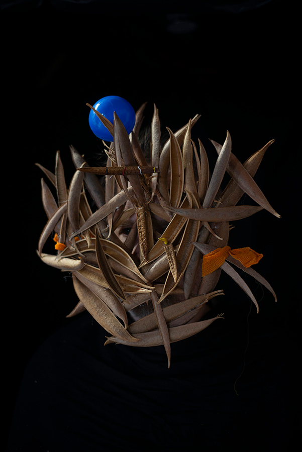 A spiky bundle of natural forms topped with a blue plastic ball and accented elsewhere in orange on a black background.