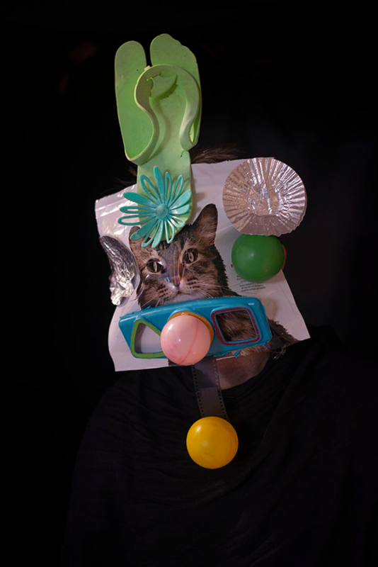 An arrangement of colorful plastic elements over a picture of a cat on a bag of cat food, all on a black background