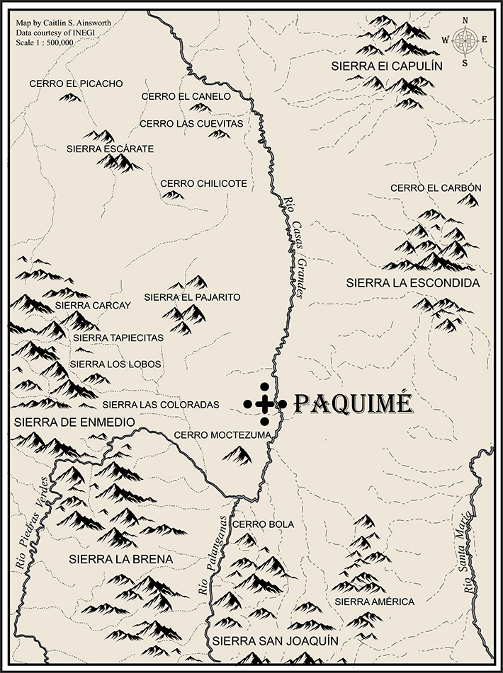 A map depicting the environs of Paquime in Chihuahua, Mexico.