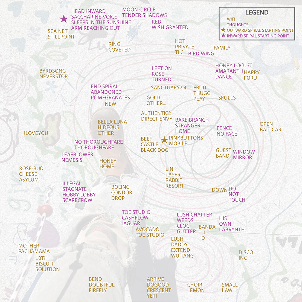 A map with subtle swirling lings and text in two colors.