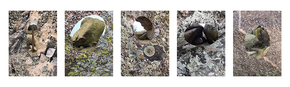 Four photos aligned horizontally that depict a mirror set among rocks and natural terrain