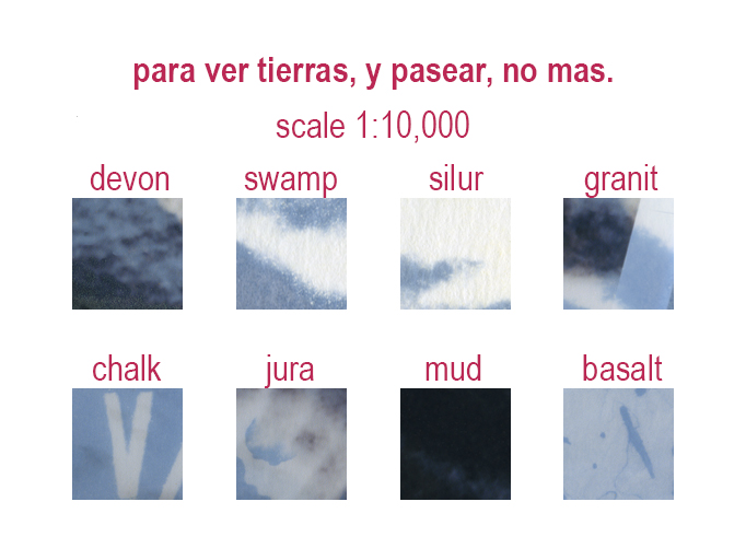 A graphic with the heading: para ver tierras, y pasear, no mas., scale 1:10,000 and a grid of thumbnail images with text related to a different geolographical component listed above each. 