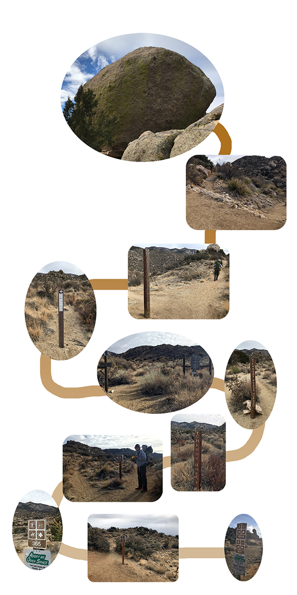 A series of multi shaped landscape photos are linked together as a vertical progression of landmarks.