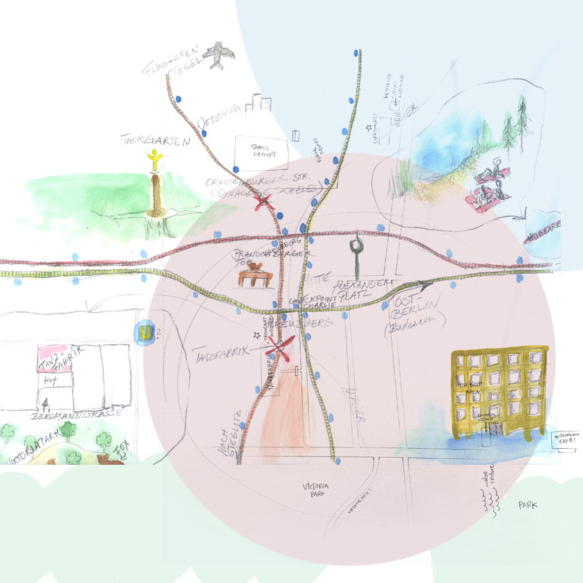 a hand drawn map with little representations of landmarks with an overlay of transparent circles