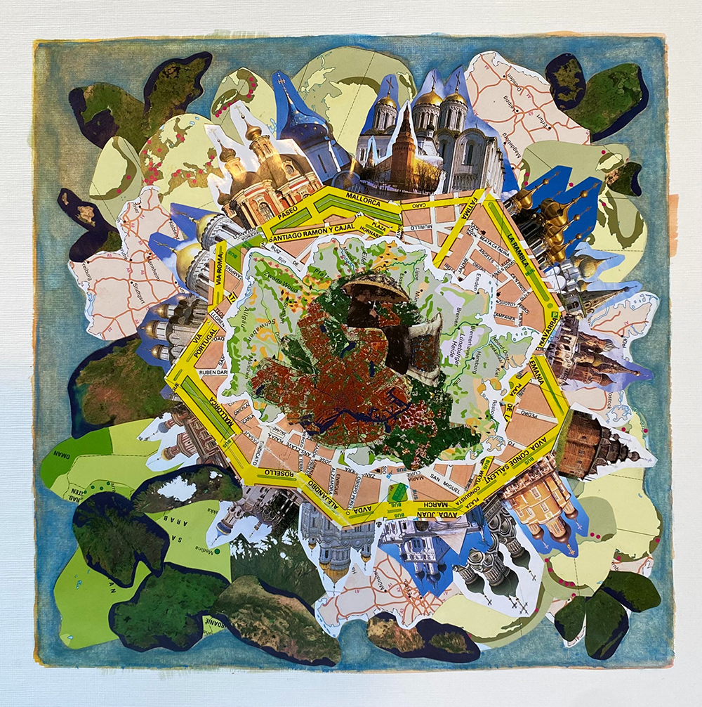 A collage of map imagery in a circular composition.
