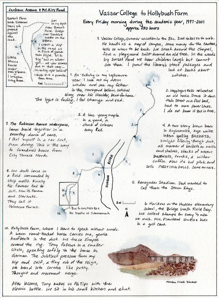 A hand drawn map with text description of landmarks