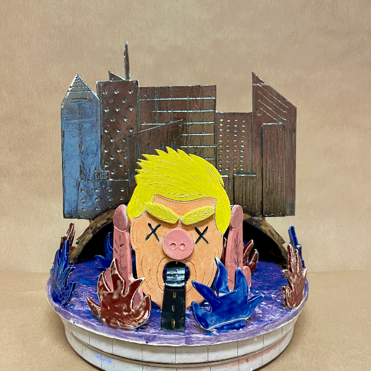 A gif of a rotating ceramic artwork that depicts an undistinguished American president and landscapes that evoke NY and Hollywood.