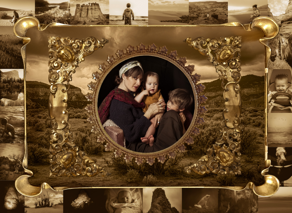 a recast of a Rapheal painting in photography, surrounded by a montage of images in gold tone mimicking an ornate frame