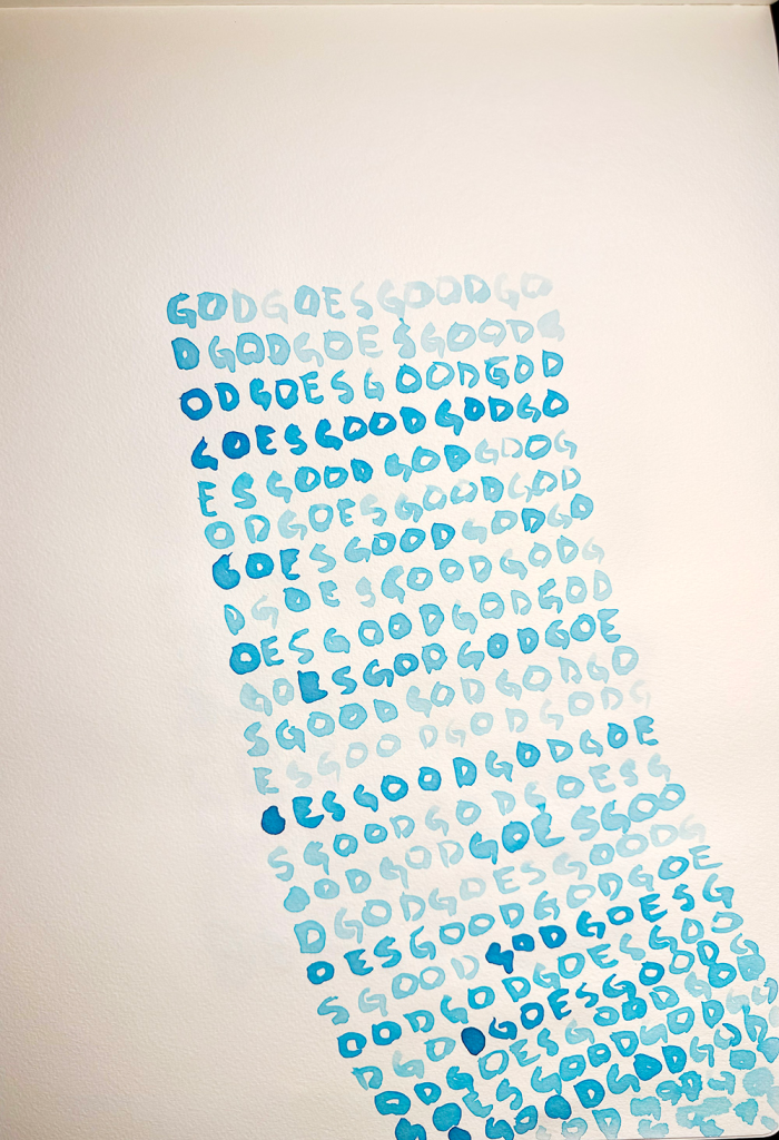 watercolor painting of blue text that creates a rectangular form