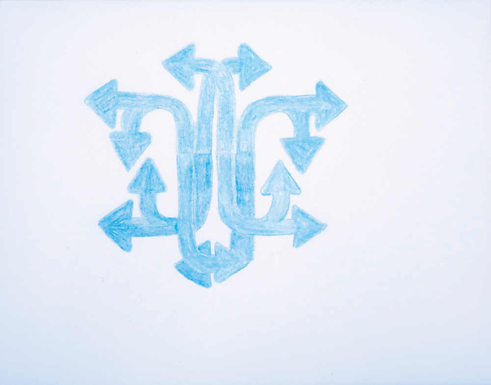 On white paper, a drawing of blue directional arrows intertwining and pointing in all different directions. 