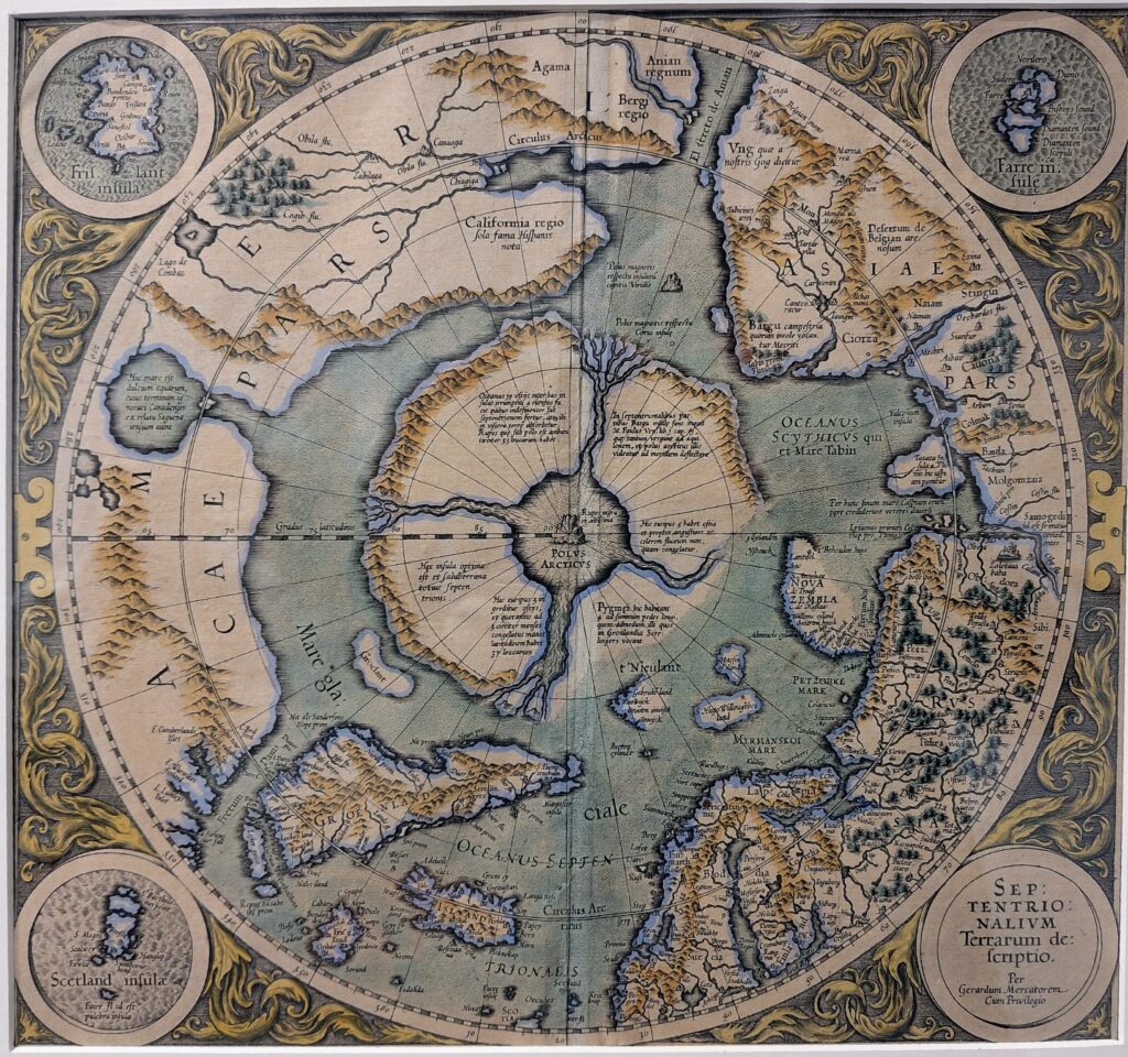 A map showing an airial view of the Arctic and other regions from a 16th C perspective.